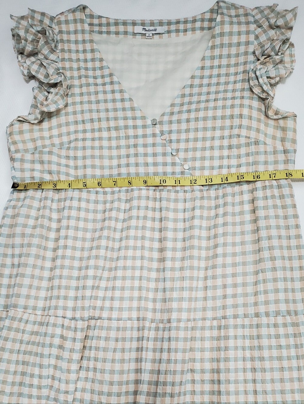Madewell Gingham Seersucker Tiered Midi Dress Ruffle Sleeve Medium - Picture 13 of 15
